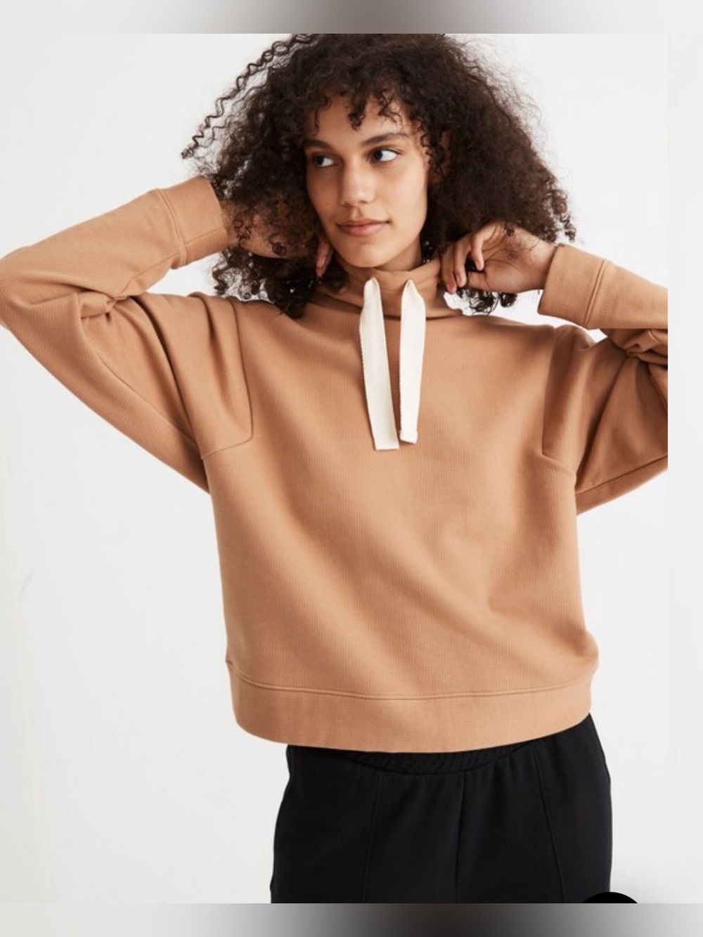 Madewell Cropped Ribbed Sweatshirt with Drawstring Neck in a Warm Camel Hue S